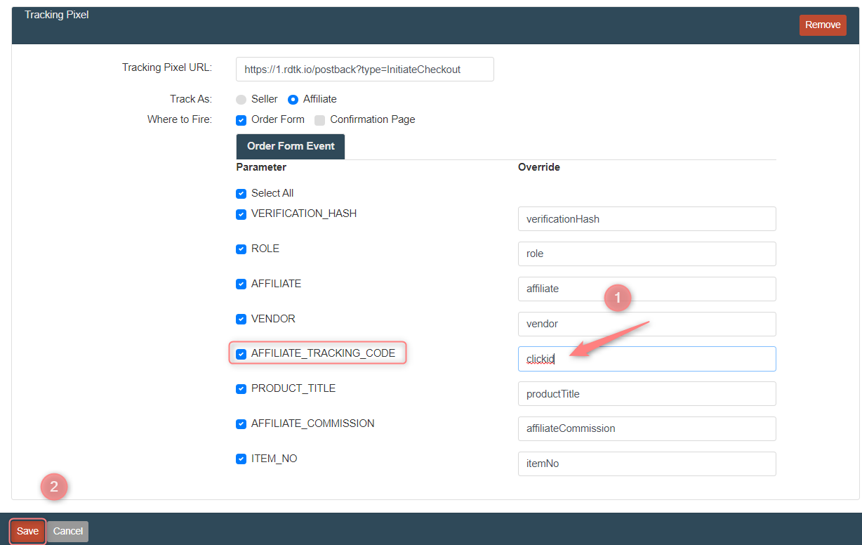 Campo AFFILATE_TRACKING_CODE recebendo o valor clickid.