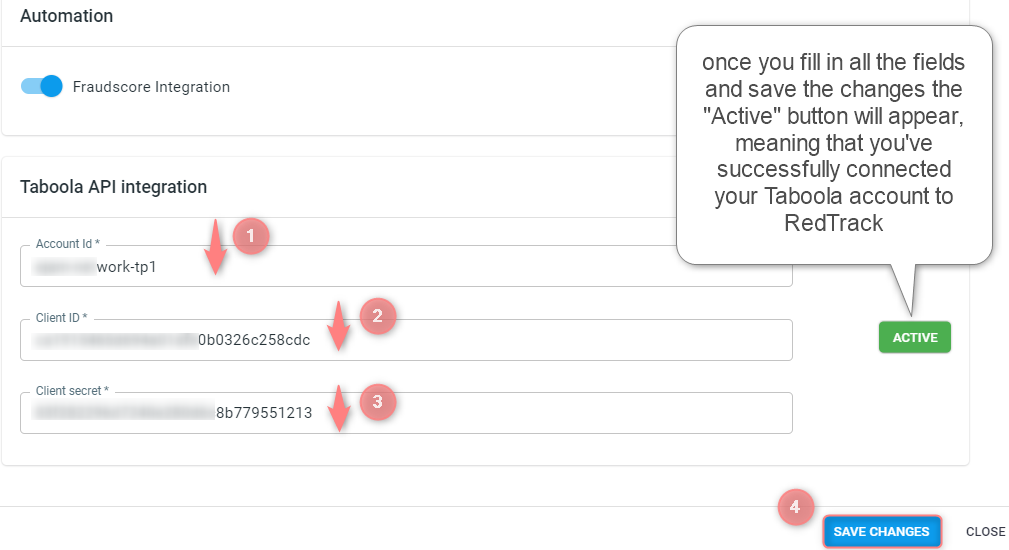 Seção Taboola API integration: Account Id, Client ID, Client Secret e o selo verde ACTIVE.