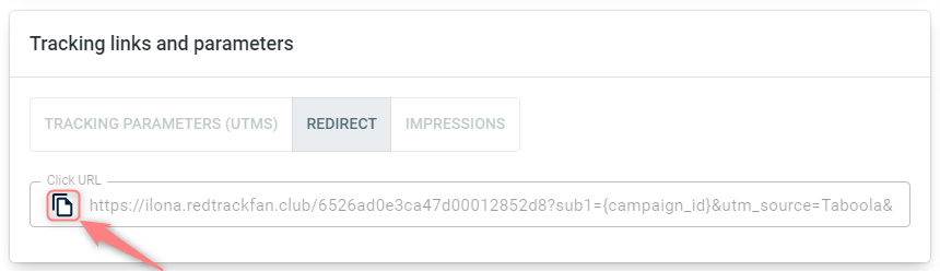 Aba Tracking links and parameters → Redirect, com o Click URL pronto para copiar.