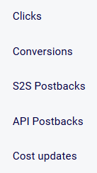 As 5 seções de Logs: Clicks, Conversions, S2S Postbacks, API Postbacks, Cost Updates.