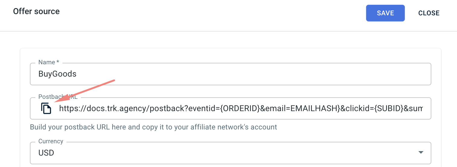 Postback URL pronta para copiar no Offer Source do RedTrack.
