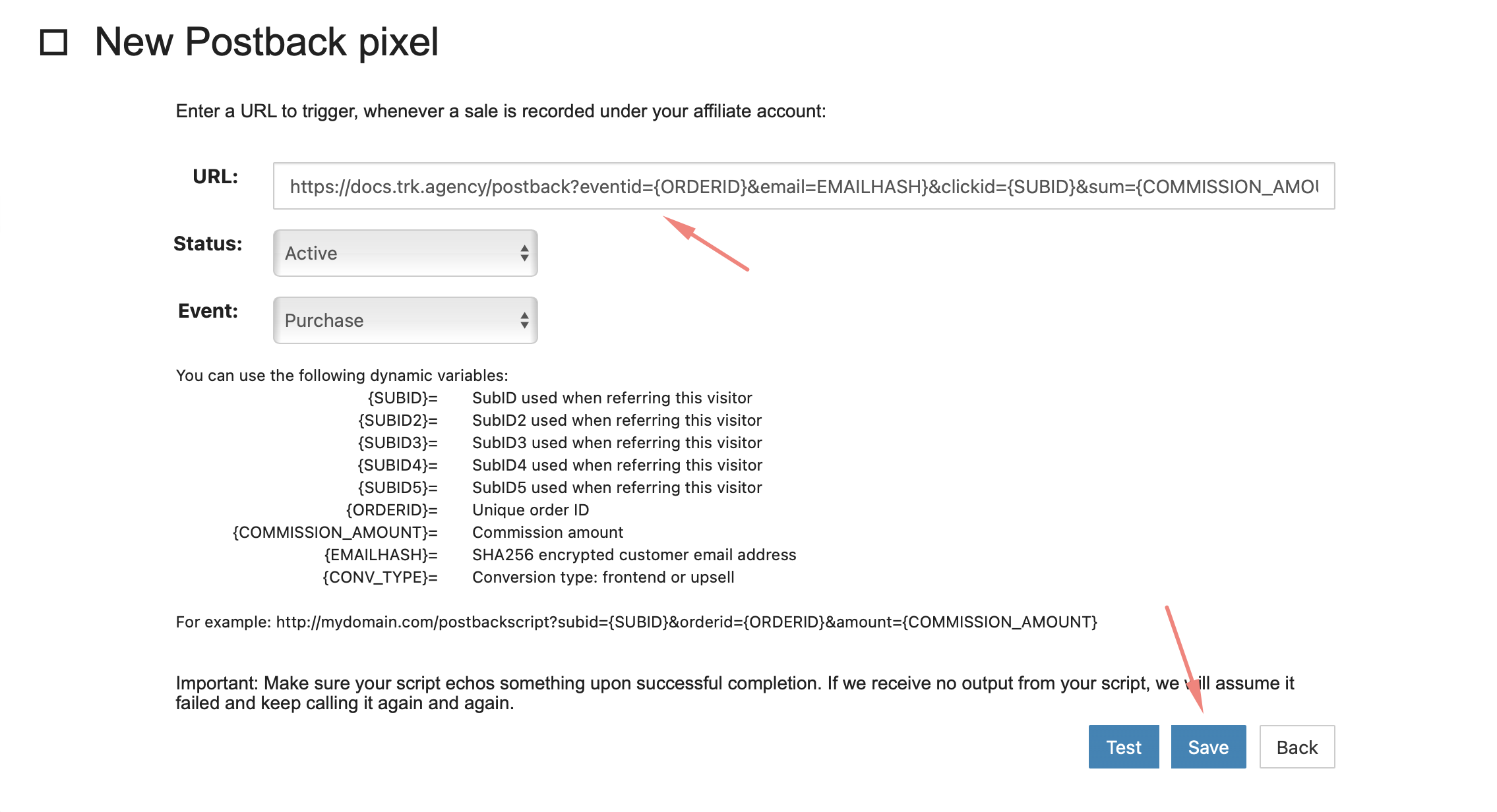 Painel Postback Pixels da BuyGoods com a URL do RedTrack colada.