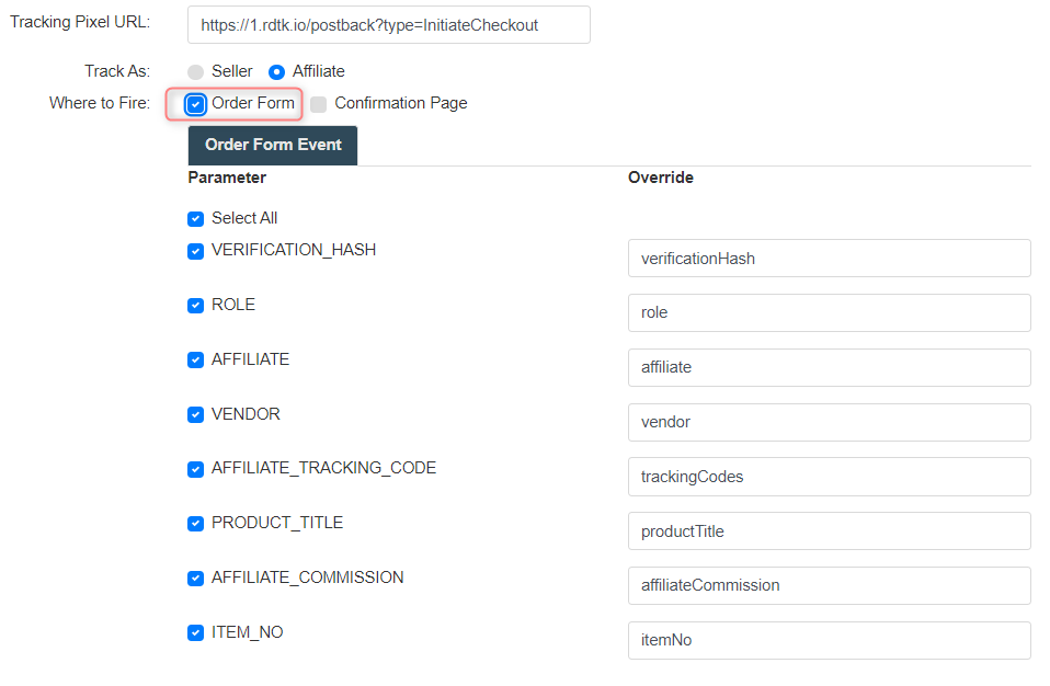 Checkbox Order Form marcada no pixel.