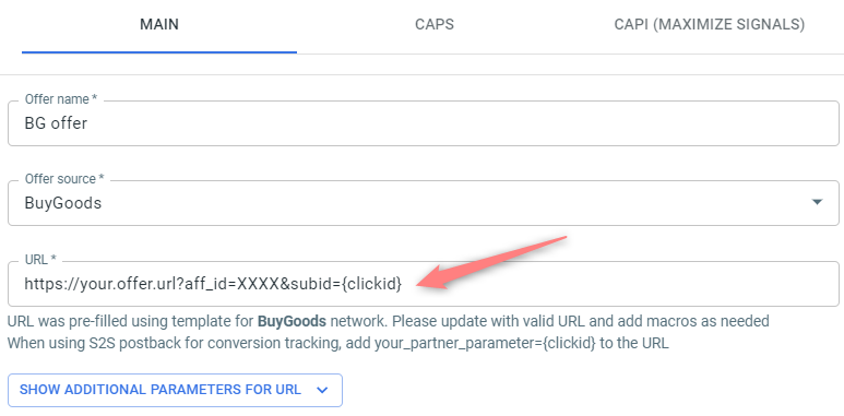 Offer no RedTrack com o &subid={clickid} anexado à URL da BuyGoods.