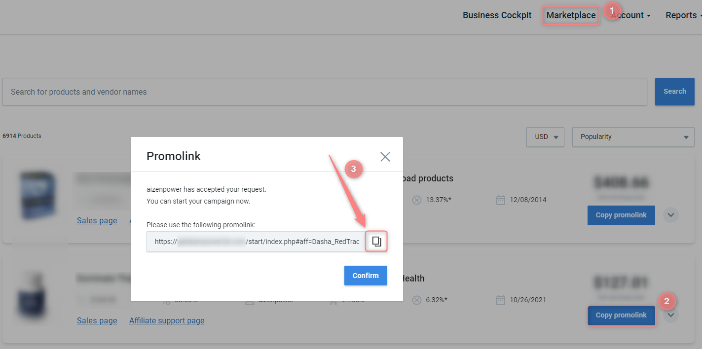 Marketplace do Digistore24 — copiando o tracking link da oferta.