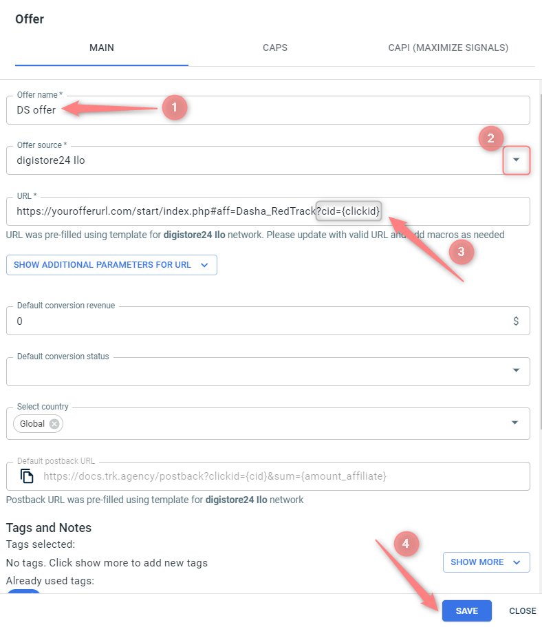 Formulário da Offer no RedTrack com o ?cid={clickid} em destaque.
