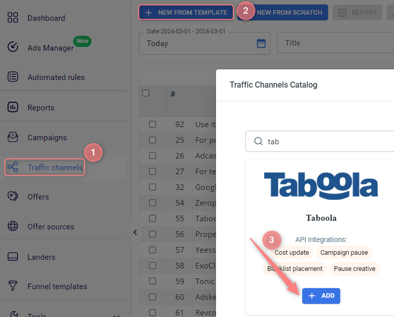 Catálogo de templates com o card Taboola e suas API Integrations (Cost update, Campaign pause, Blacklist placement, Pause creative).