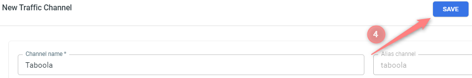 Tela New Traffic Channel com o nome “Taboola” — basta salvar.