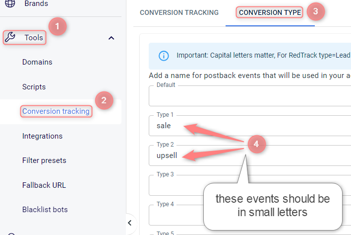 Conversion types sale / frontend / upsell criados no RedTrack (estratégia diferenciada).