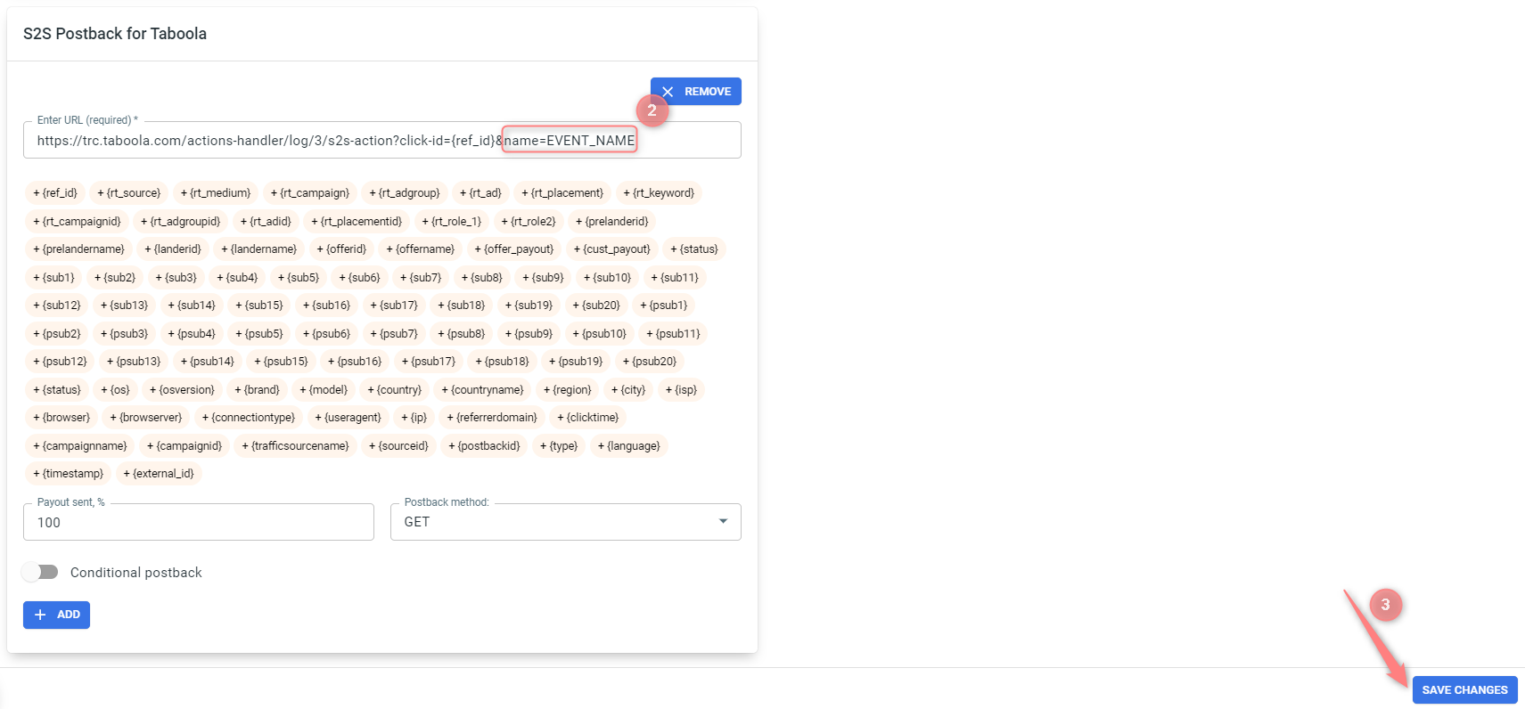 Postback preenchido, com destaque no EVENT_NAME, Payout sent 100%, método GET.