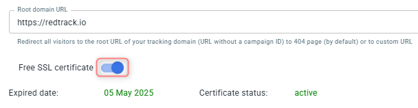 Toggle Free SSL ativado — o certificado é emitido em um clique.