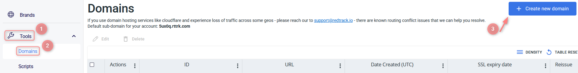 RedTrack — Tools → Domains → New.