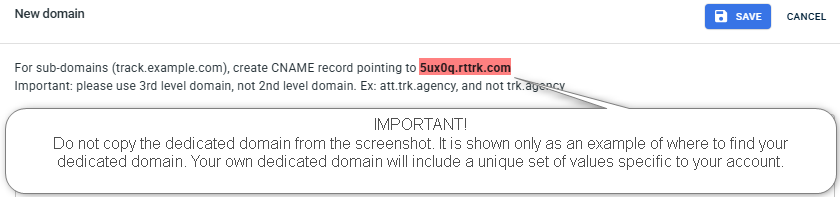 Onde obter o dedicated domain do RedTrack: Tools → Domains → New (é para ele que o CNAME vai apontar).