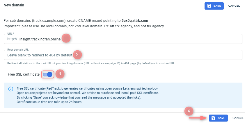 Formulário do domínio: (1) URL, (2) Root domain, (3) Install SSL.