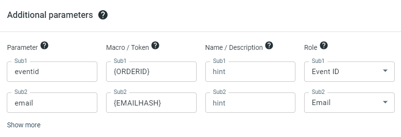 Offer Source BuyGoods com eventid={ORDERID} e email={EMAILHASH} nos parâmetros adicionais.