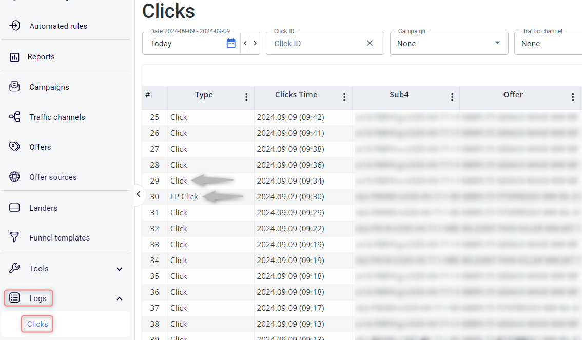 Logs → Clicks: os tipos Click e LP Click, com o Click ID de cada um.