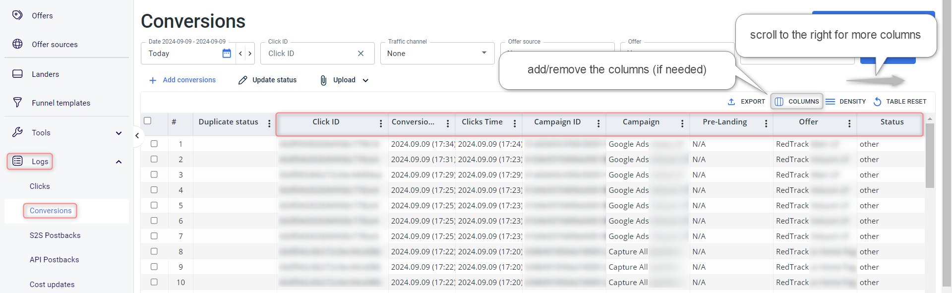 Logs → Conversions com colunas extras (Landings, Conversion Status, Postback IPs, Payout).