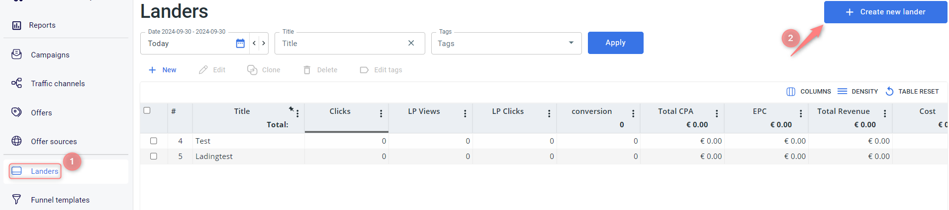 Menu Landers → Create new lander.