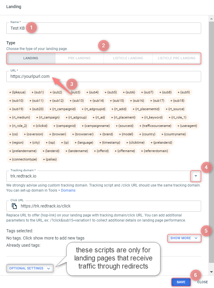 Formulário da lander: Name, Type, URL, Tracking domain.