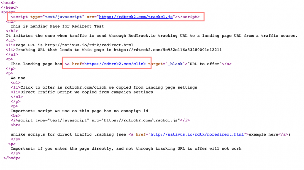 O código da página com o LP views script no head e o LP Click URL no CTA.