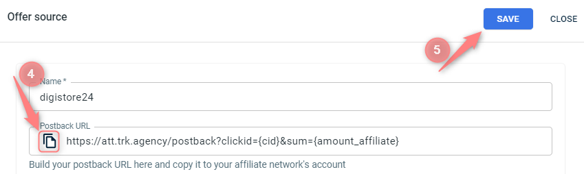 Postback URL do template pronta para copiar: clickid={cid} e sum={amount_affiliate}.
