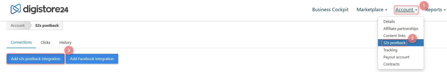 Digistore24 — Account → S2S postback → Add s2s postback integration.