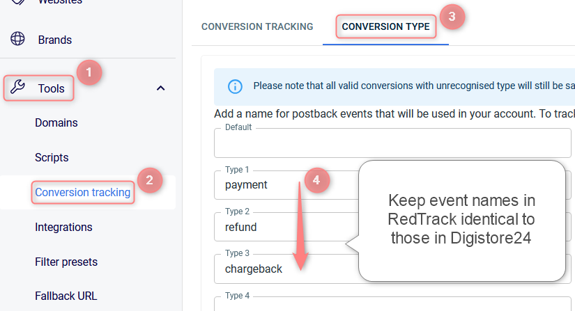 Criando os conversion types payment/refund/chargeback no RedTrack.