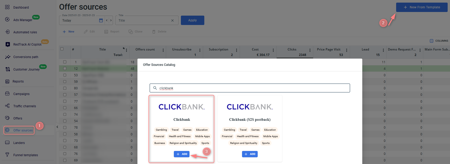 Seleção do template ClickBank em Offer sources → New from template.