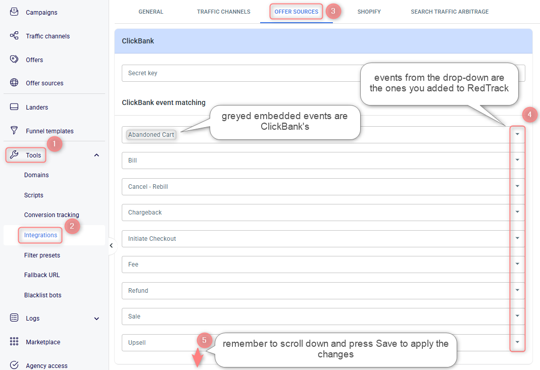 Event matching do ClickBank em Tools → Integrations.