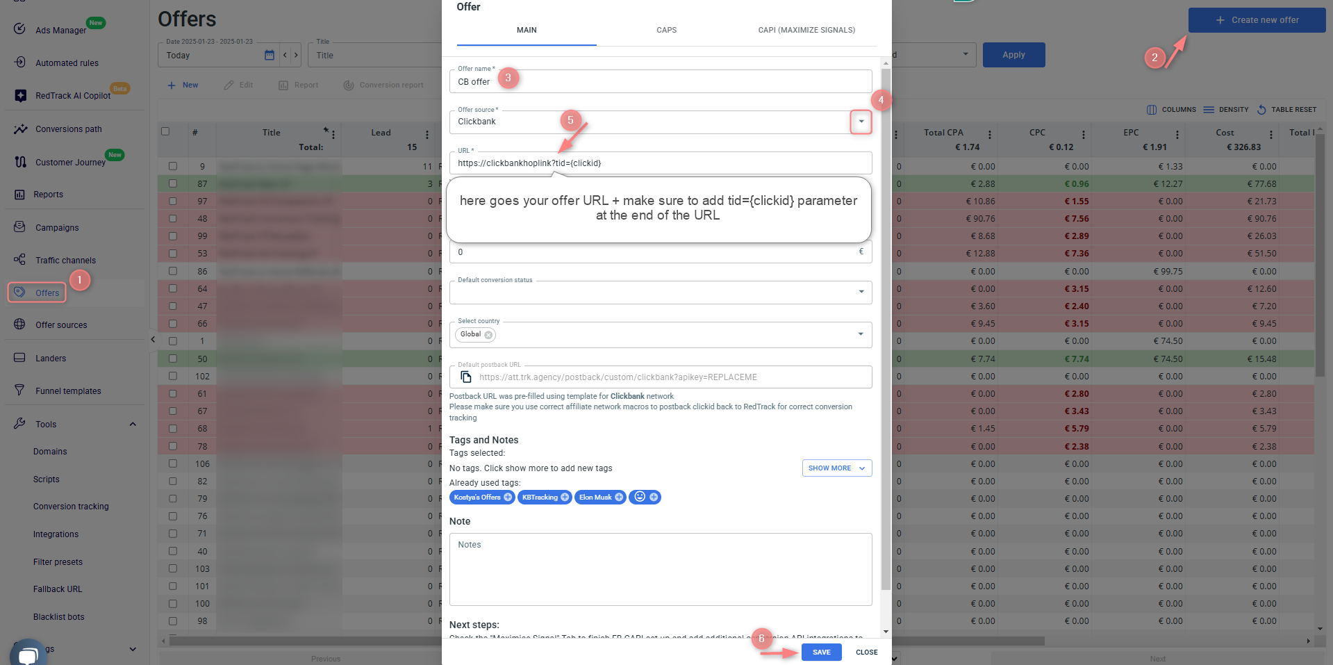 Offer no RedTrack com o hoplink do ClickBank + tid={clickid}.