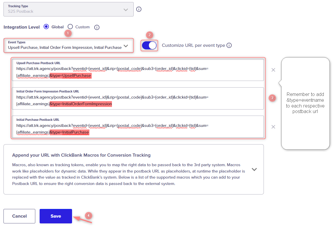 Event Types selecionados + toggle Customize URL per event type ativo.