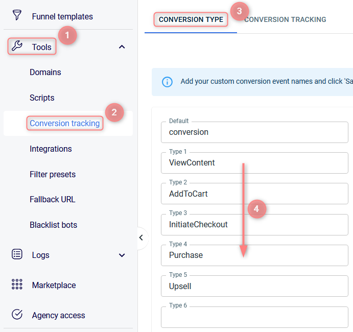 Criando um conversion type em Tools → Conversion tracking.