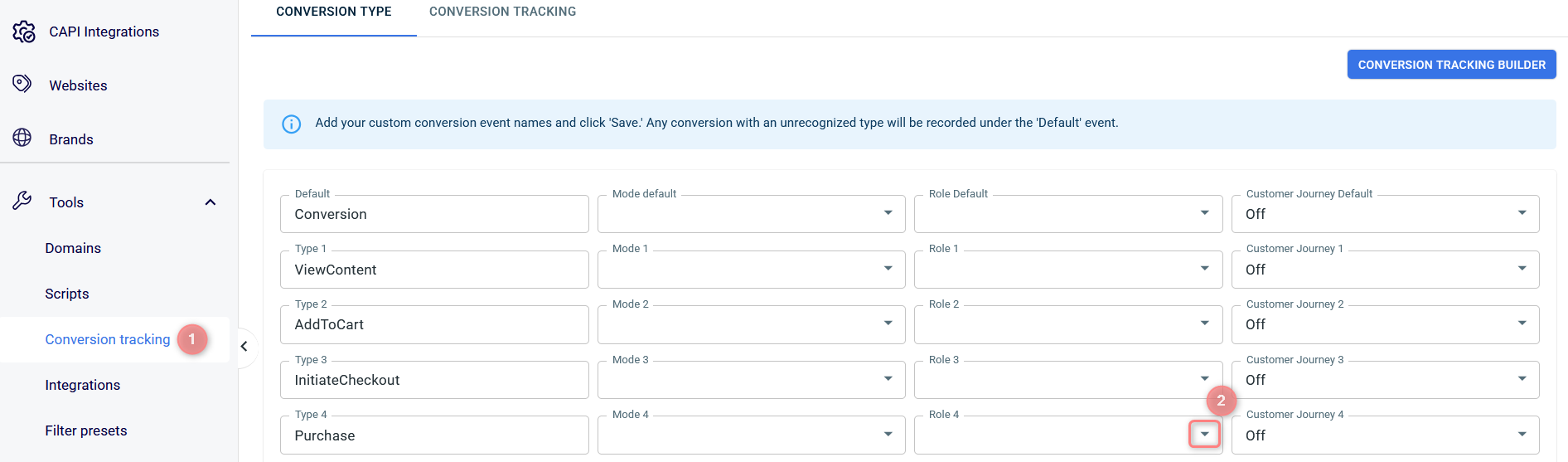 Atribuindo o Role (Purchase/Upsell/Refund) ao conversion type.
