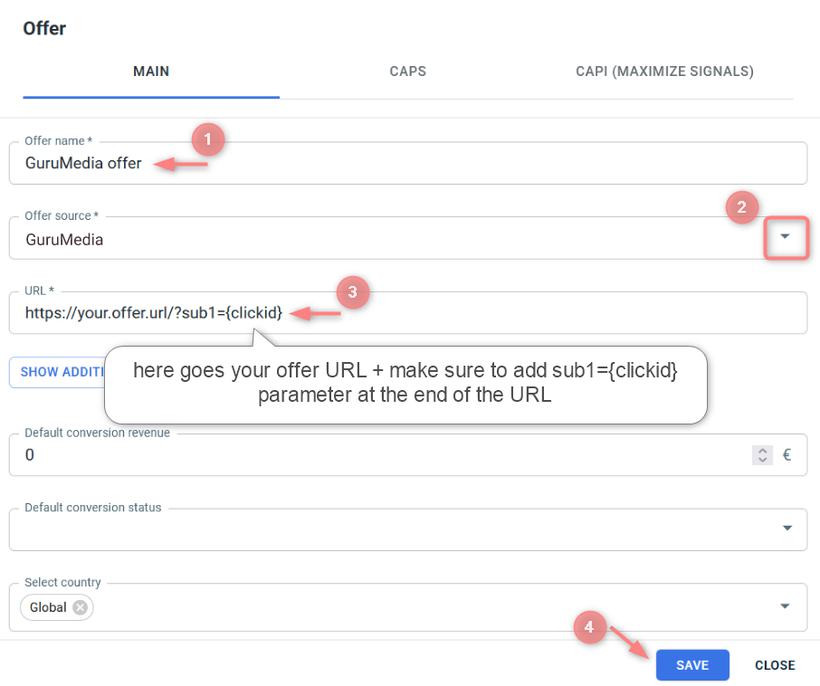 Offer no RedTrack com a URL da GuruMedia — o próprio formulário avisa: “make sure to add sub1={clickid} parameter at the end of the URL”.