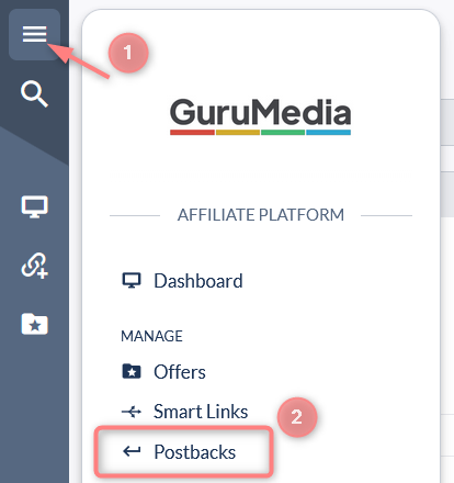 Menu lateral da GuruMedia — Manage → Postbacks.