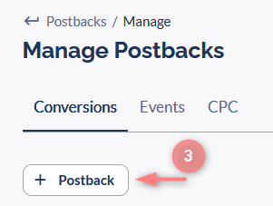 Manage Postbacks: aba Conversions selecionada e botão + Postback.