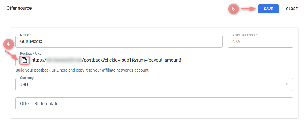Offer Source GuruMedia criado: Postback URL pronta para copiar e Currency USD.