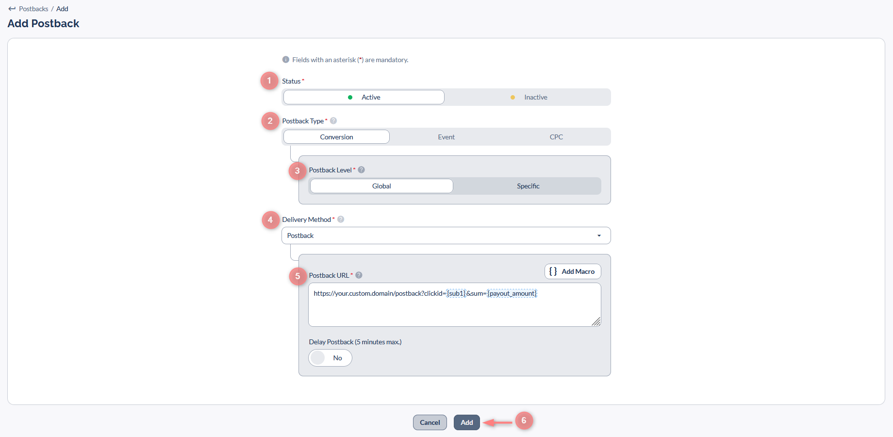 Add Postback preenchido: Active, Conversion, Global, Postback e a URL do RedTrack — na ordem 1 a 6.