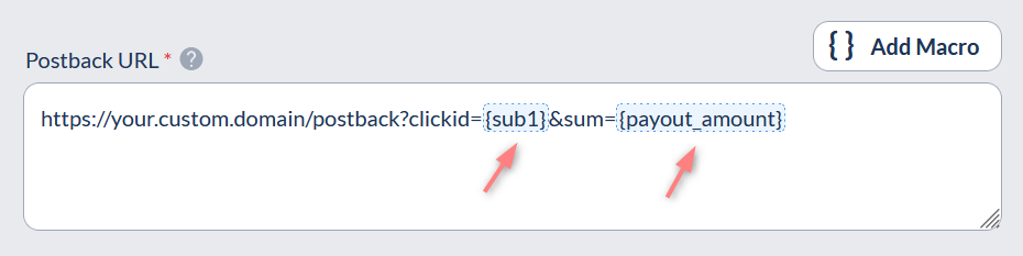 Zoom no campo Postback URL: as macros {sub1} e {payout_amount} destacadas (o botão Add Macro insere outras, se precisar).