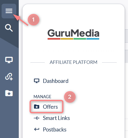 Menu lateral da GuruMedia — Manage → Offers.