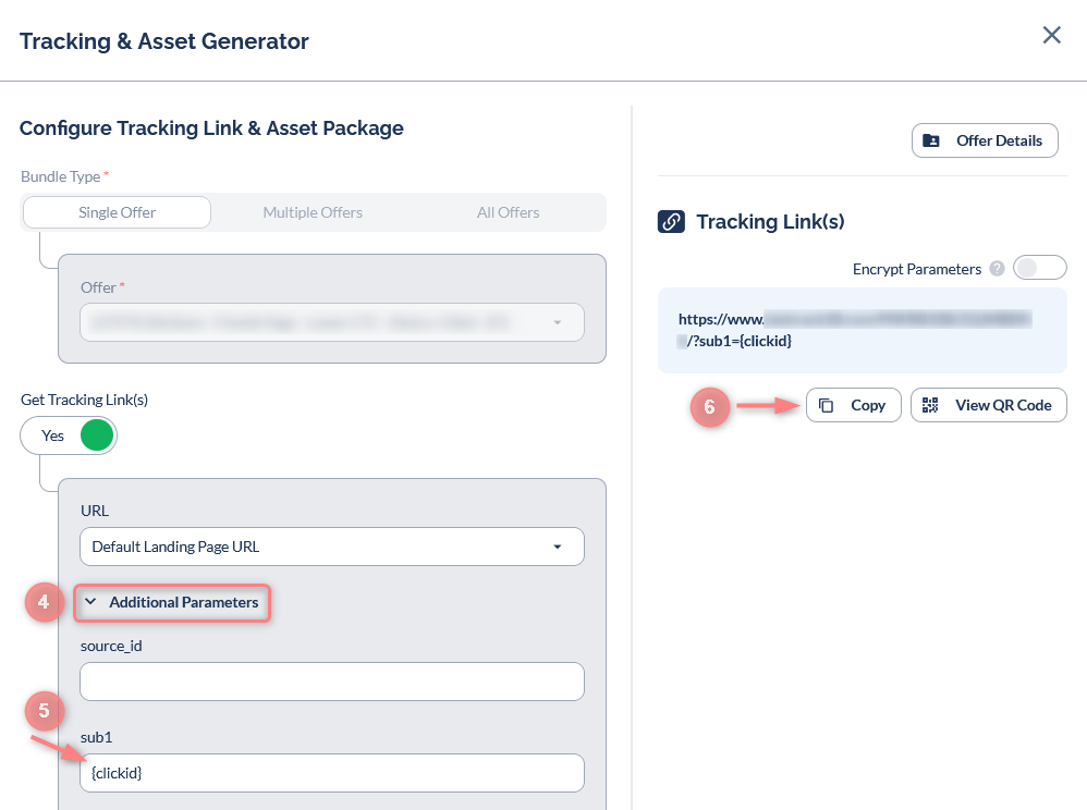Tracking & Asset Generator: {clickid} no campo sub1 (5) e o link final com ?sub1={clickid} pronto no Copy (6).