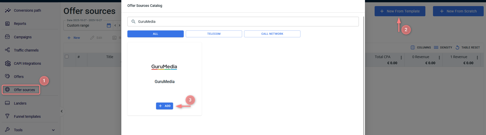 Catálogo de Offer Sources do RedTrack — buscando GuruMedia e clicando em + ADD.