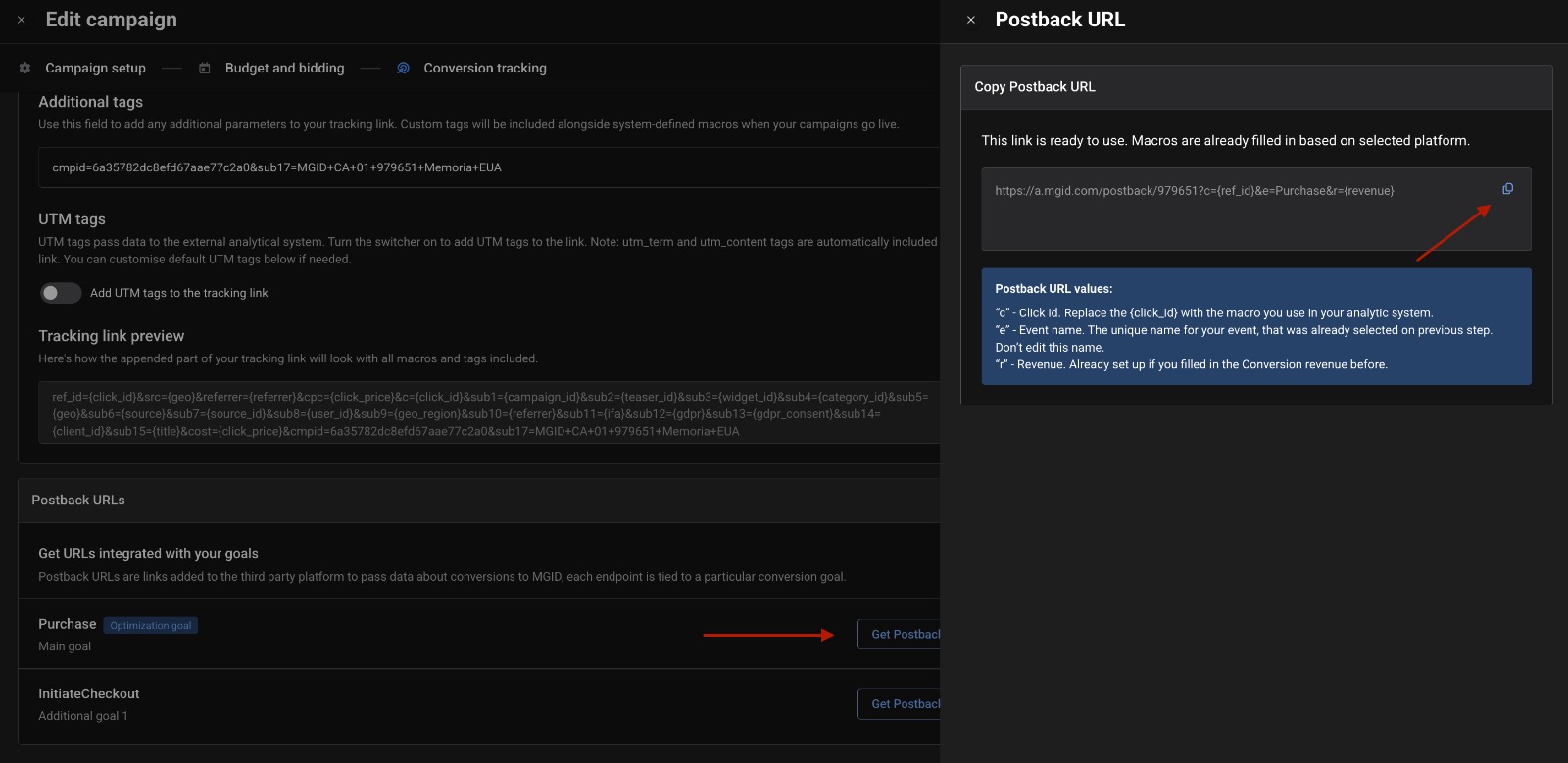 MGID — Edit campaign → Conversion tracking: um Get Postback por goal (Purchase e InitiateCheckout) e o modal Copy Postback URL com o client ID no path e c={ref_id}.