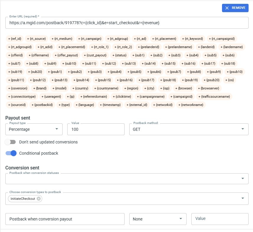 RedTrack — postback preenchido: URL com /postback/ID, Payout Percentage 100 + GET, toggle “Conditional postback” LIGADO e o conversion type do evento selecionado em “Choose conversion types to postback”.