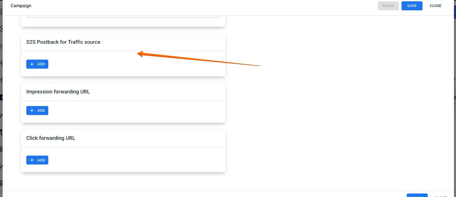 RedTrack — a seção “S2S Postback for Traffic source” dentro da campanha: é aqui que os dois postbacks entram (botão + ADD).