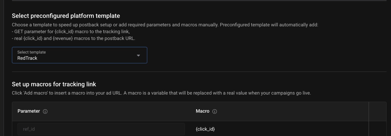 MGID — “Select preconfigured platform template” com RedTrack selecionado; abaixo, o mapeamento ref_id ← {click_id} já aplicado ao tracking link.